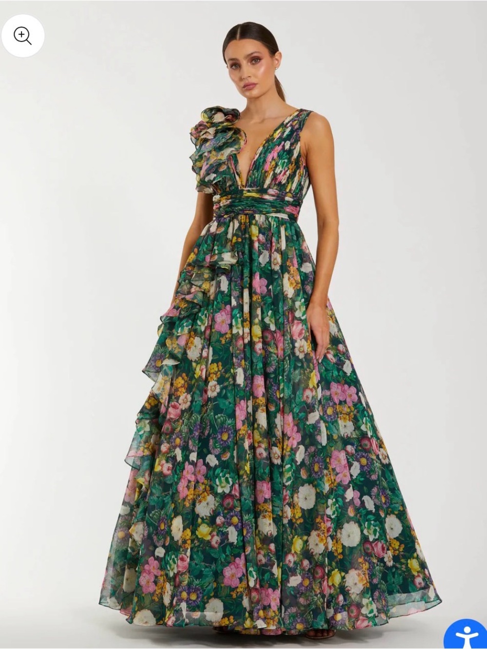 Mac Duggal Green Sleeveless V-Neck Floral Chiffon Ruffle Gown